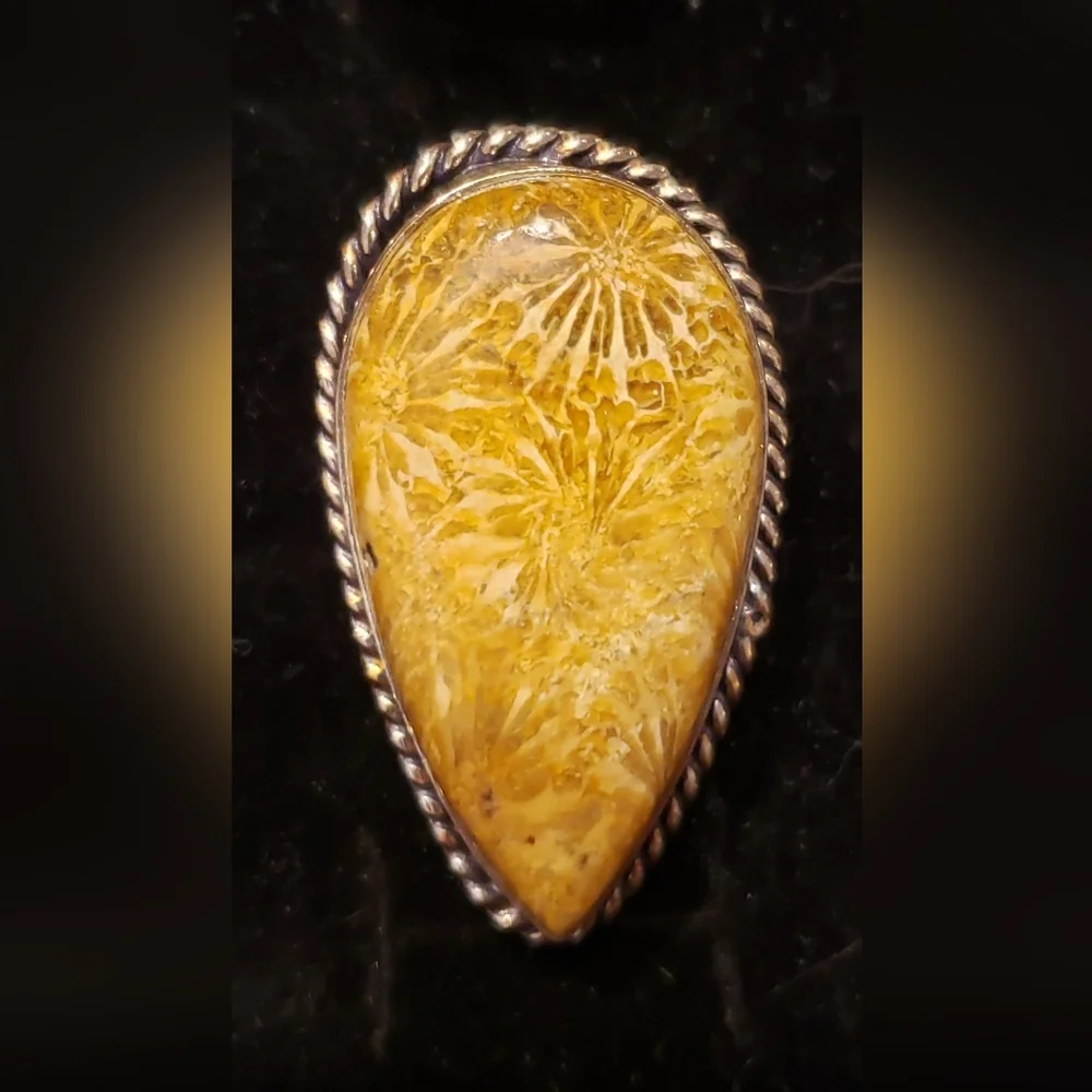 NWOT Fossilized Coral Ring, Handmade By Artisans, Polished Honey Gold, Sz. 8 - Picture 2 of 6